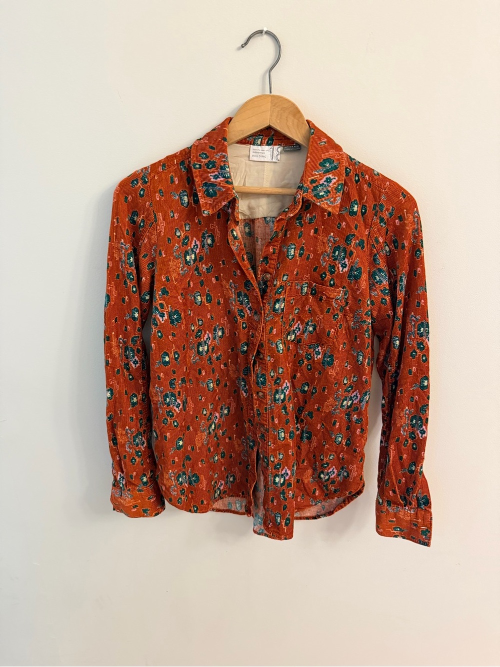 Anthropologie Rust Orange & Teal Printed corduroy